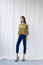 Soft velvet blouse with gathered puff sleeves and lace trim detailing for elevated styling